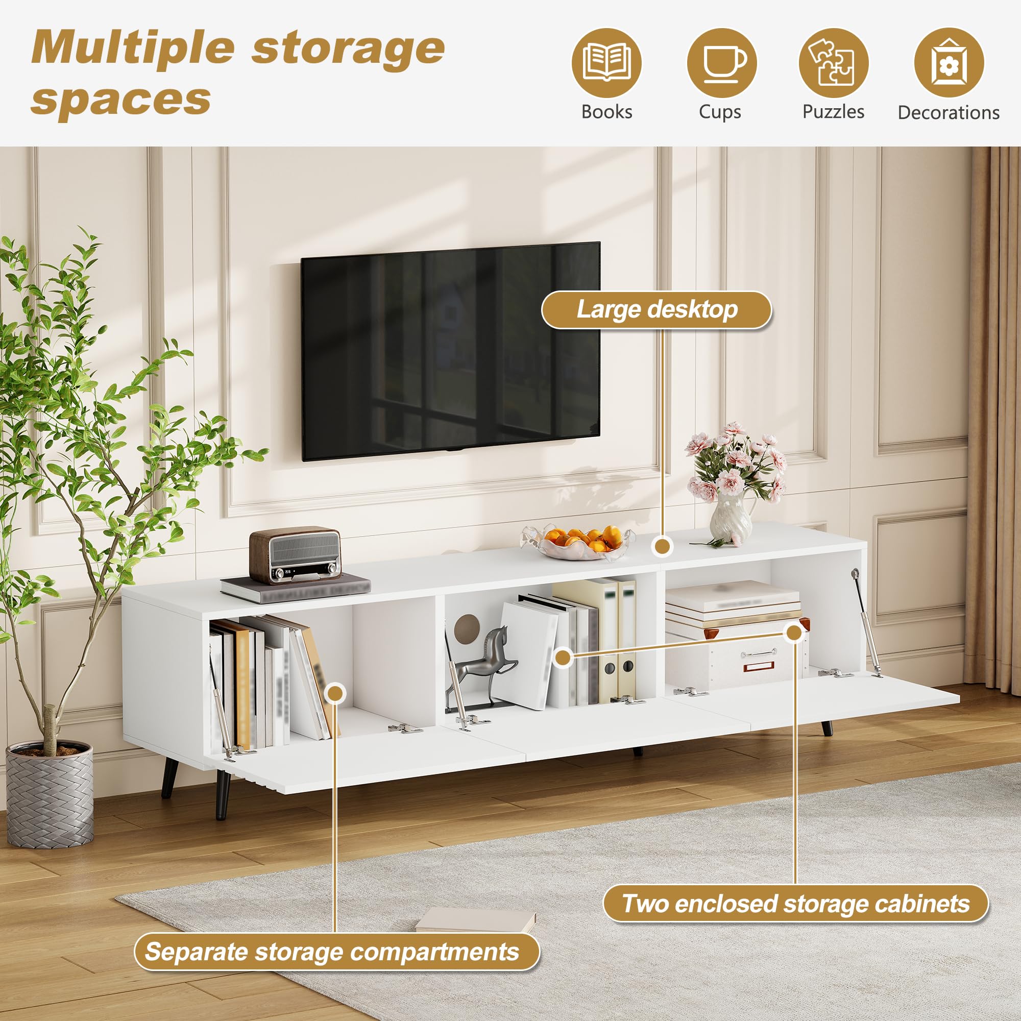 Mobile TV grande 180 x 40 x 48 cm, con 3 ante a battente, design stampato, bianco, adatto per televisori da 80", grande capienza, materiale MDF.