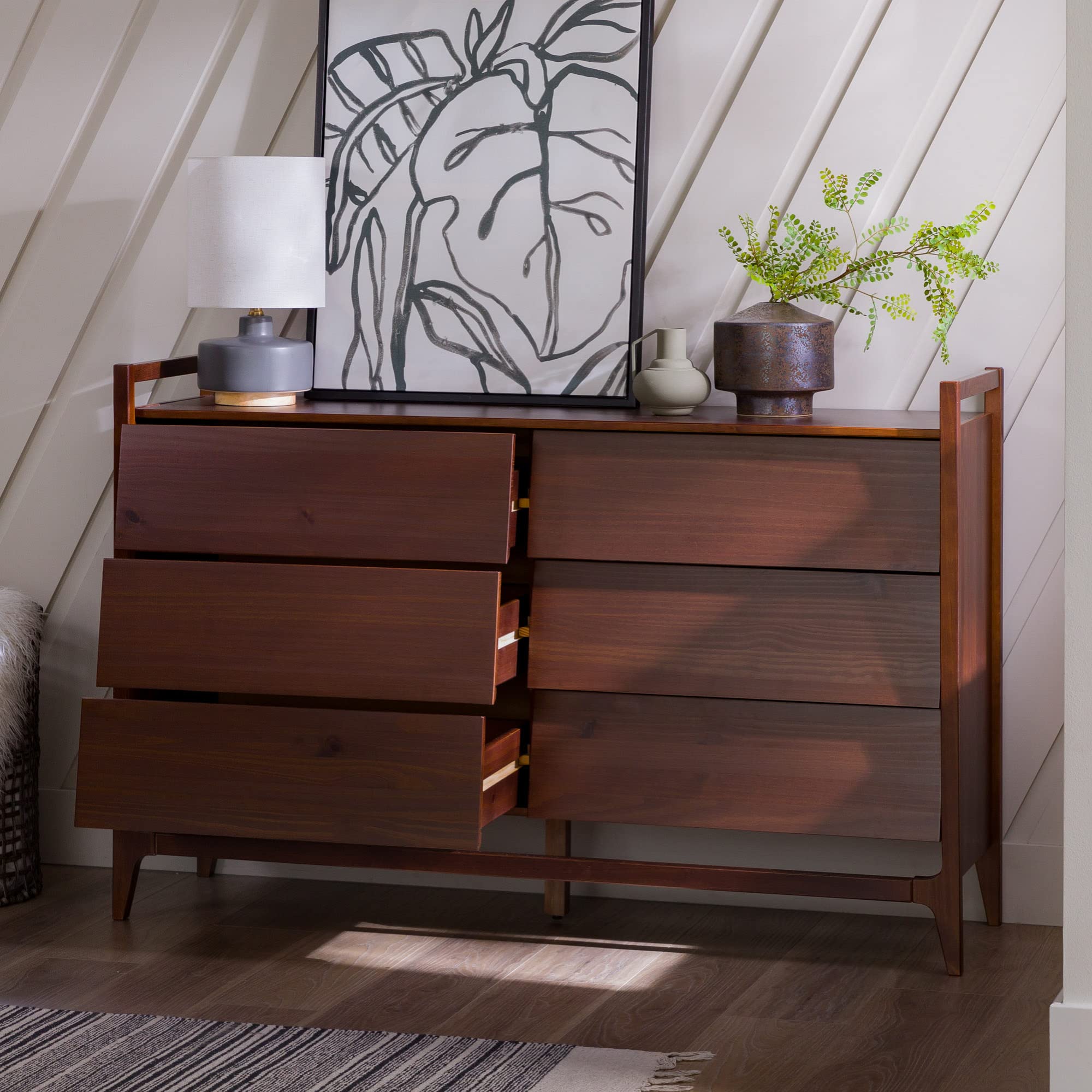 Walker Edison Hera Modern Solid Pine Wood Six-Drawer Dresser with Angled Front, 57 Inch, Walnut