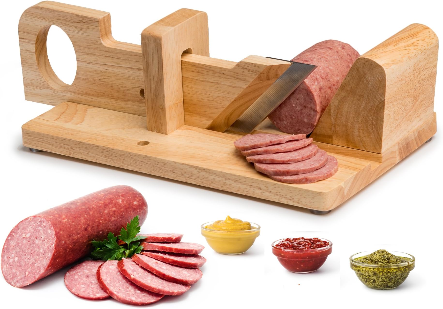 Decodyne Premium Sausage & Small Salami Guillotine Slicer – Rustic Wooden Design & Sharp Stainless Steel Blade For Slicing Chorizo, Pepperoni & More Dried Meat Delicacies