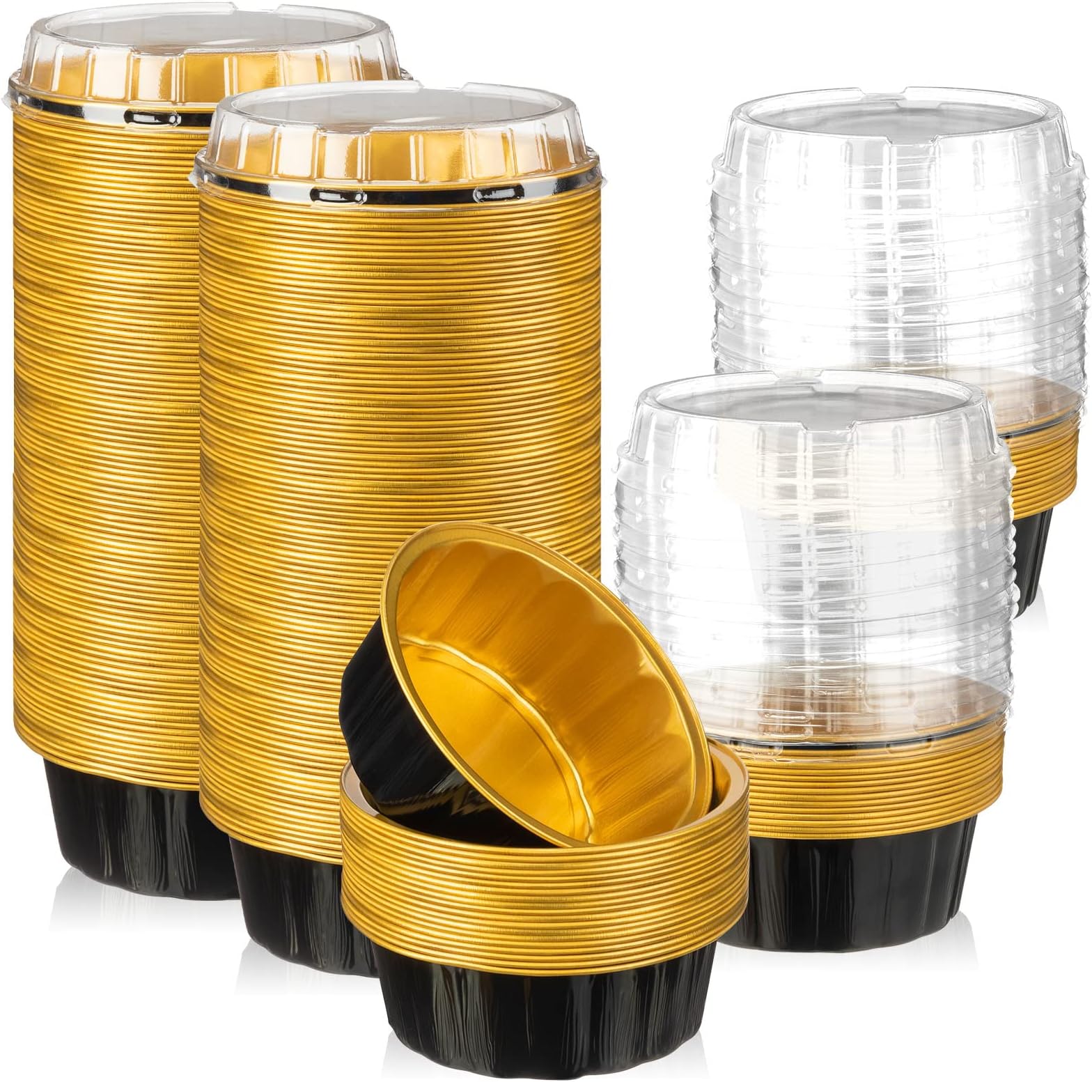 Tessco for you 100 Pcs Disposable Ramekins with Lids 8 oz Creme Brulee Ramekin Aluminum Foil Cup Cupcake Liner Baking Valentines Disposable Muffin Tin Pan Cheesecake Container (Black,Gold)