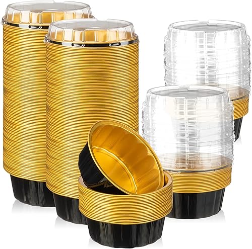 100 paquetes de ramequines desechables con tapas de 8 oz, ramequines de papel de aluminio para creme brulee, forros desechables para magdalenas para