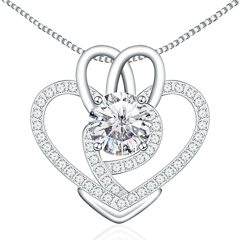 925 Sterling Silver Heart Necklace, White Gold Plated with 5A Zircon, Hypoallergeni...