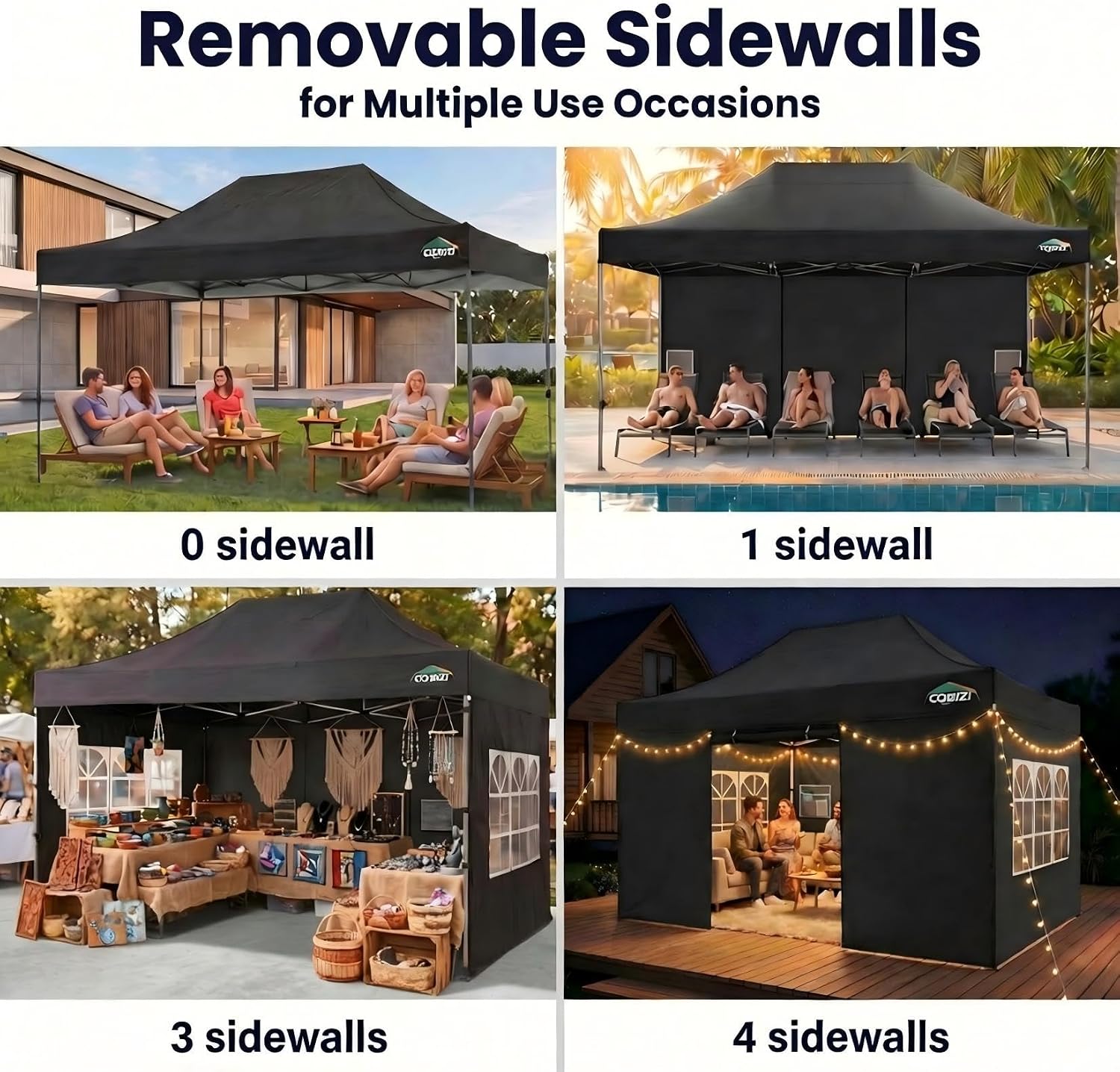 cobizi 10x15 pop up canopy with 4 sidewall,heavy duty canopy upf 50+ all season wind waterproof commercial outdoor wedding party tents for parties gazebo with carry bag(10 x 15 ft black) black 10x15ft(with sidewalls)