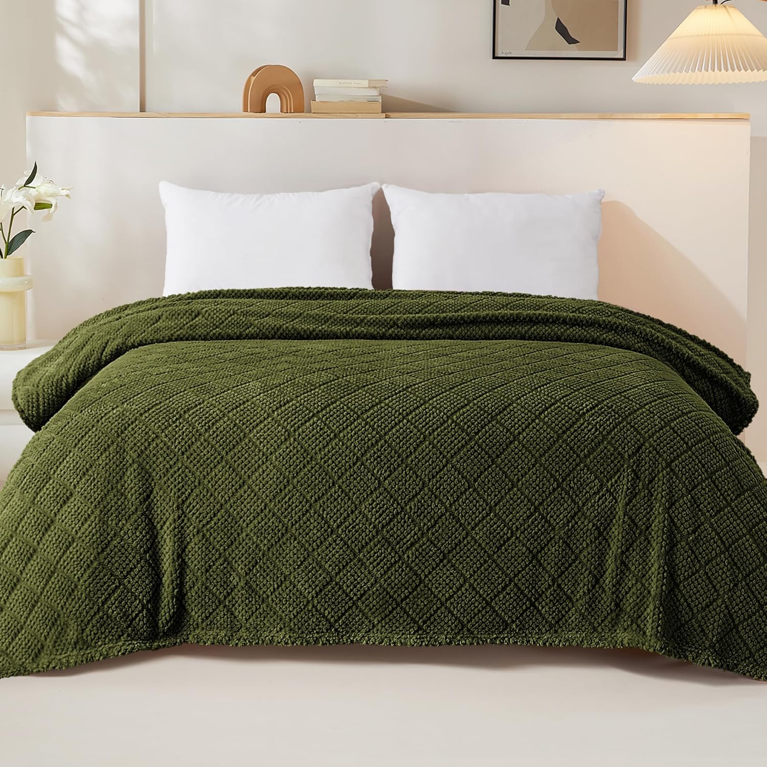 Whale Flotilla Fuzzy Fleece Queen Size Blanket for Bed, Soft Fluffy Jacquard Waffle Blankets for All Season, Lightweight and Warm, 90x90 Inch, Olive - Image 2