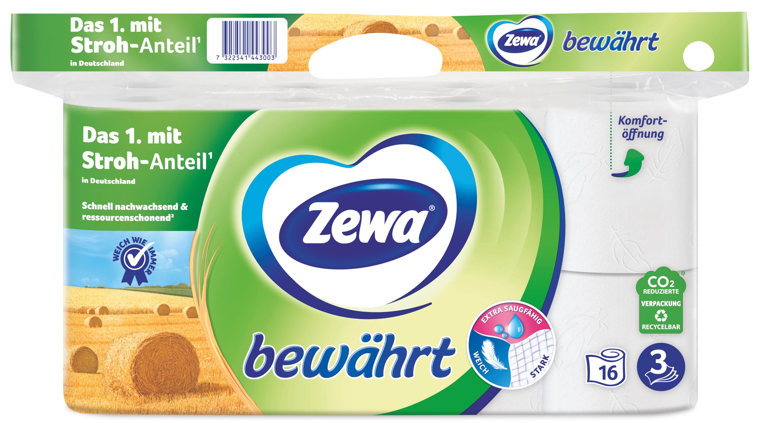 Zewa Toilettenpapier trocken bewährt, weiß, 3-lagig, 3er Pack (3 x 16 Stück)