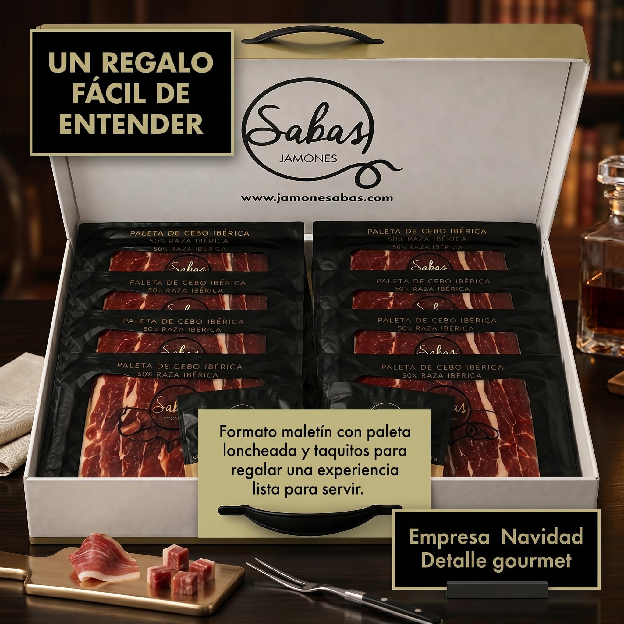 SABE A SABAS Cesta Paleta Gran Reserva Duroc 50% Cortada a Cuchillo 10 Sobres 100g con 2 Taquitos 100g Estuche Gourmet Regalo Jamon Curado Loncheado Tabla Aperitivo Navidad Evento Familiar