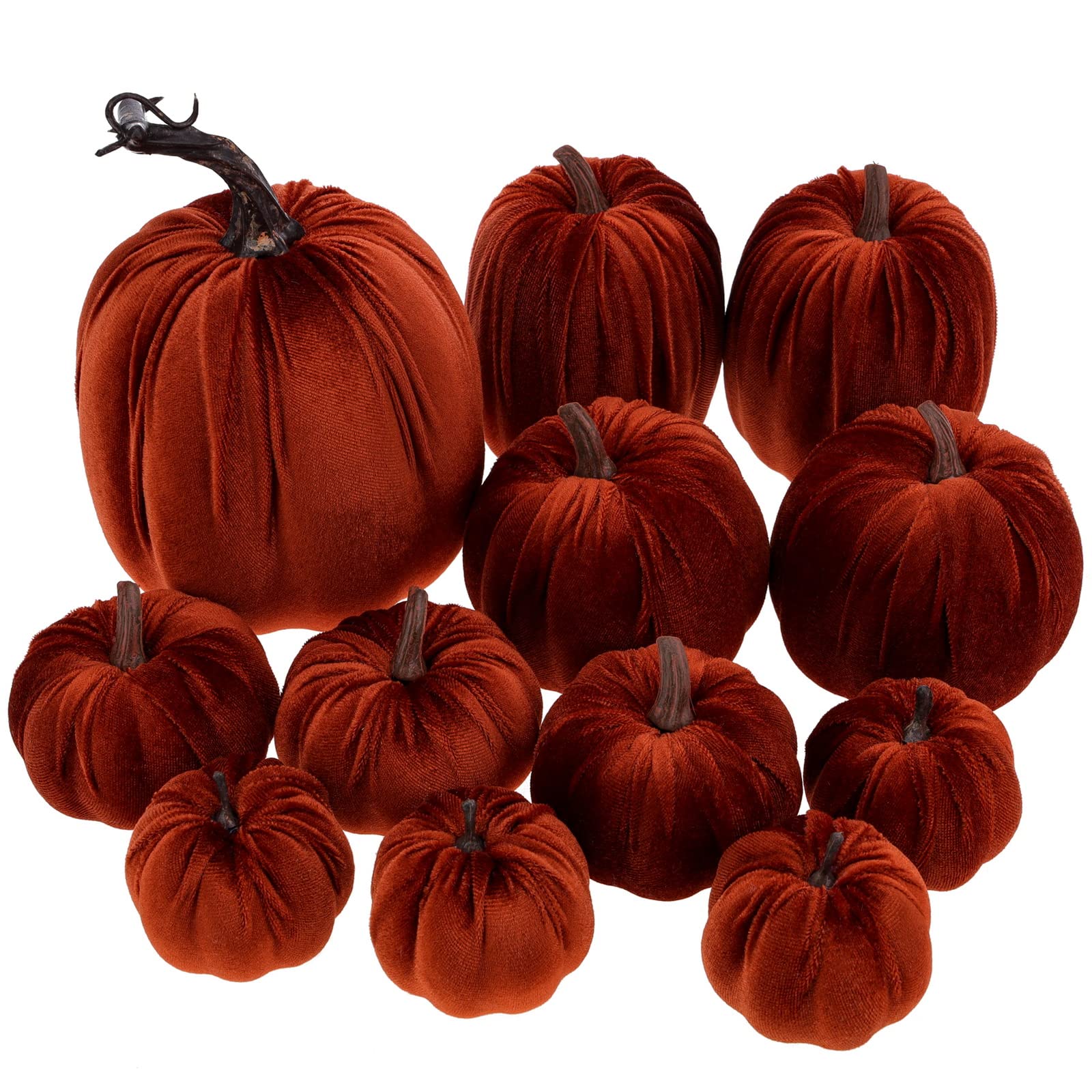 Funzhan 12Pcs Assorted Artificial Pumpkin Set Decor Brown Velvet Foam Pumpkin Thanksgiving Halloween Fall Harvest Home Kitchen Table Party Pumpkin Decoration