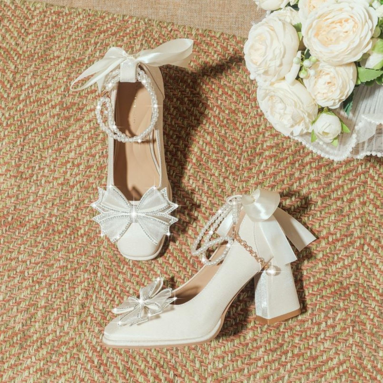 Generico Scarpe da Damigella in Raso con Punta Quadrata da Donna | Tacco A Blocco Spesso Scarpe Da Vestito Da Sposa Con Fiocco Strass, Perle Cinturino Alla Caviglia Scarpe Da Cerimonia