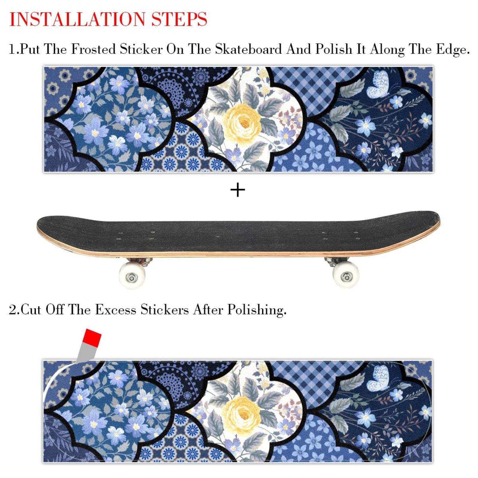Lot de 2 feuilles de papier abrasif pour skateboard Motif floral Bleu