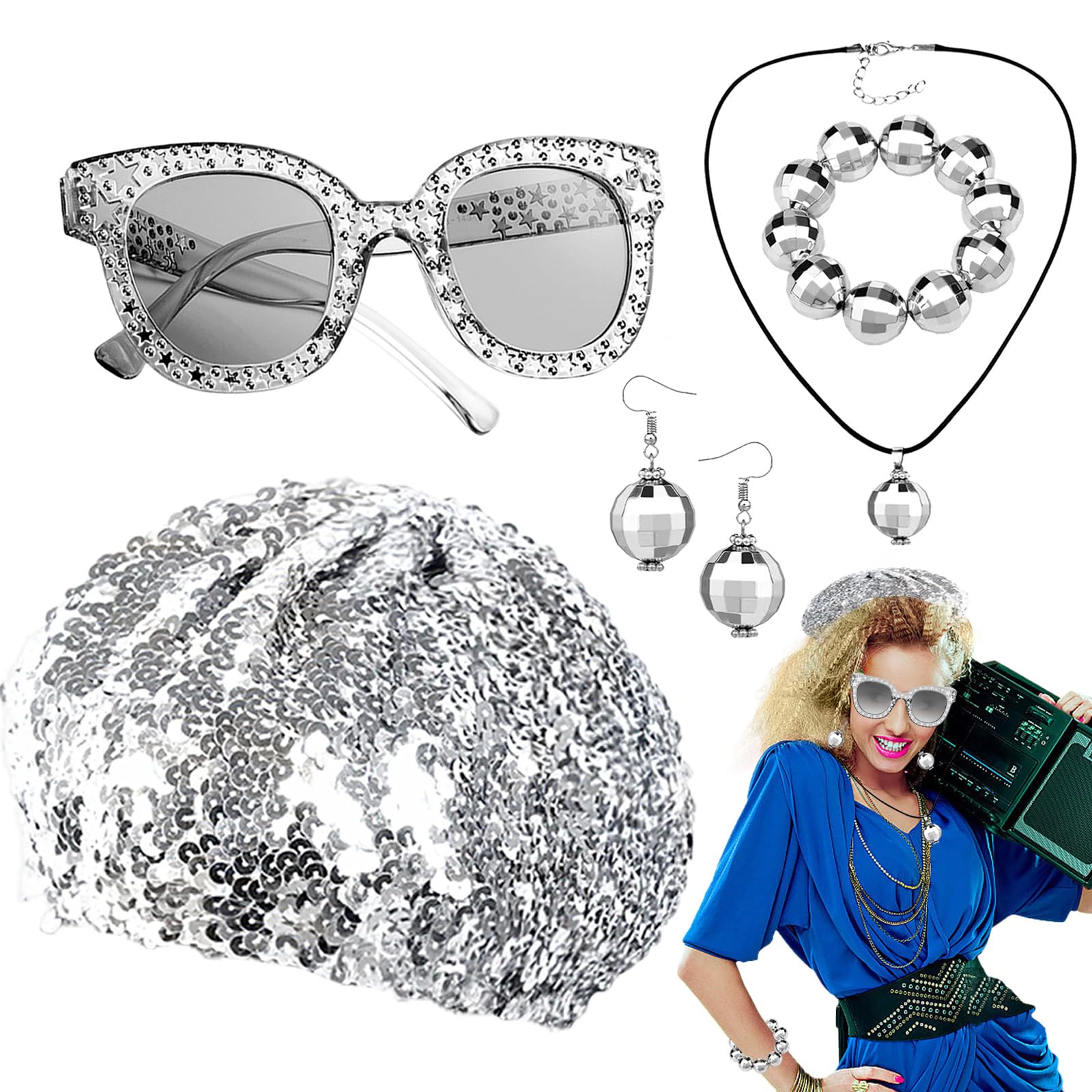 5Pcs 70s Sequin Disco Ball Hat for Women Girls, World Book Day Funny Dress up Abba Accessories with Shiny Sunglasses Necklace Earrings Bracelet, 1970s Disco Costume for Theme Party Birthday Dance