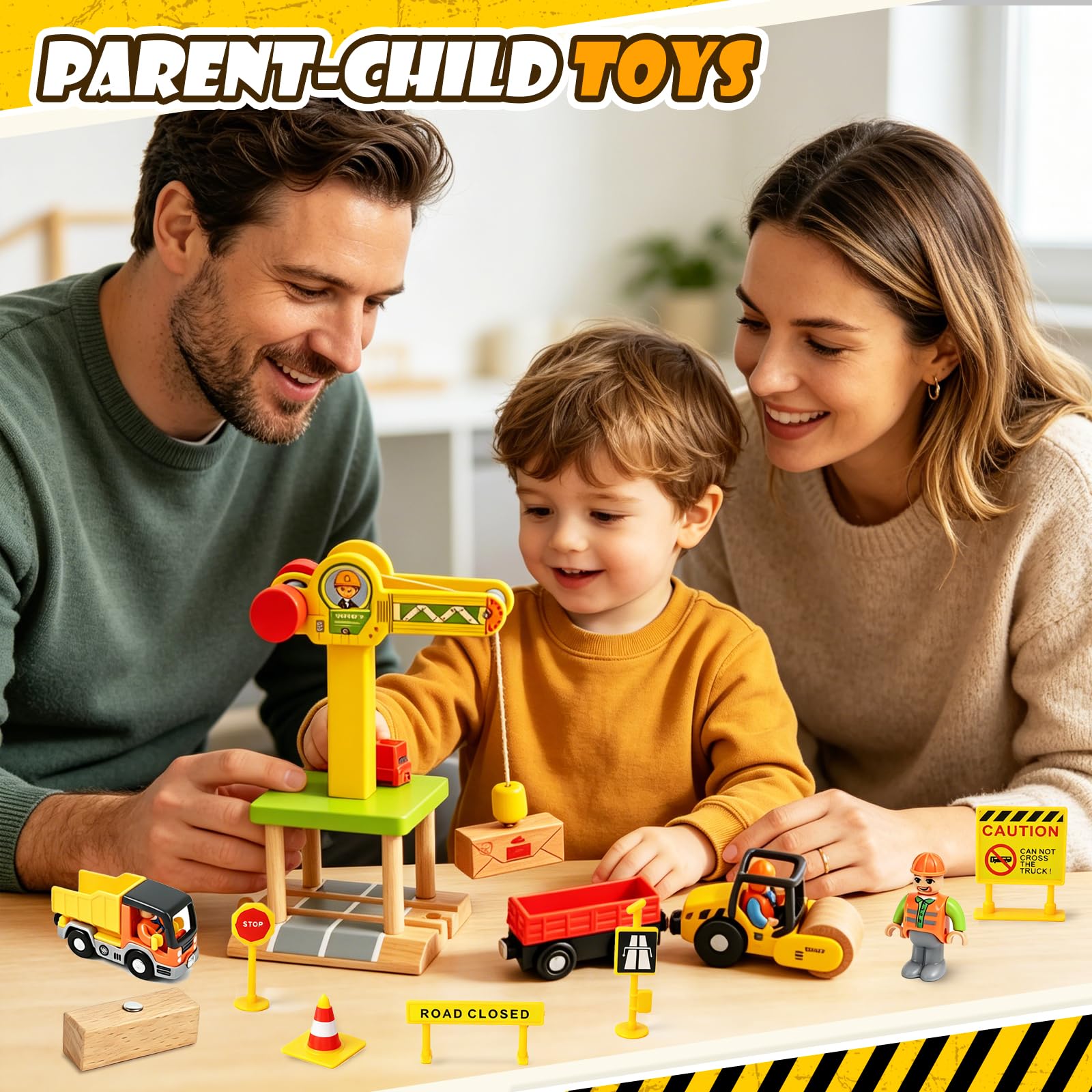 Joellfuner Veicoli Da Cantiere Giocattolo in Legno, Bambini Set di Costruzioni Giocattolo con Gru a Torre, Escavatore, Rullo Compressore, Carro Attrezzi, Veicoli da Costruzione Regalo 2 3 4 5 Anni