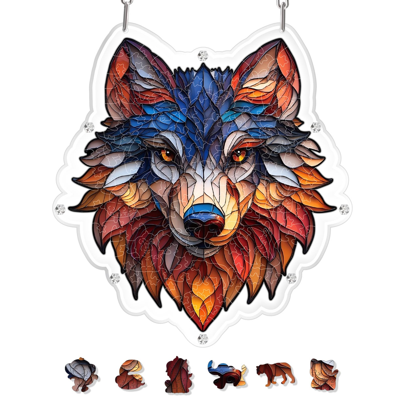 Wolf Head Stained Glass Acrylic Irregular Jigsaw Suncatcher 96Pcs Window Hanging DIY Craft Decor Gift