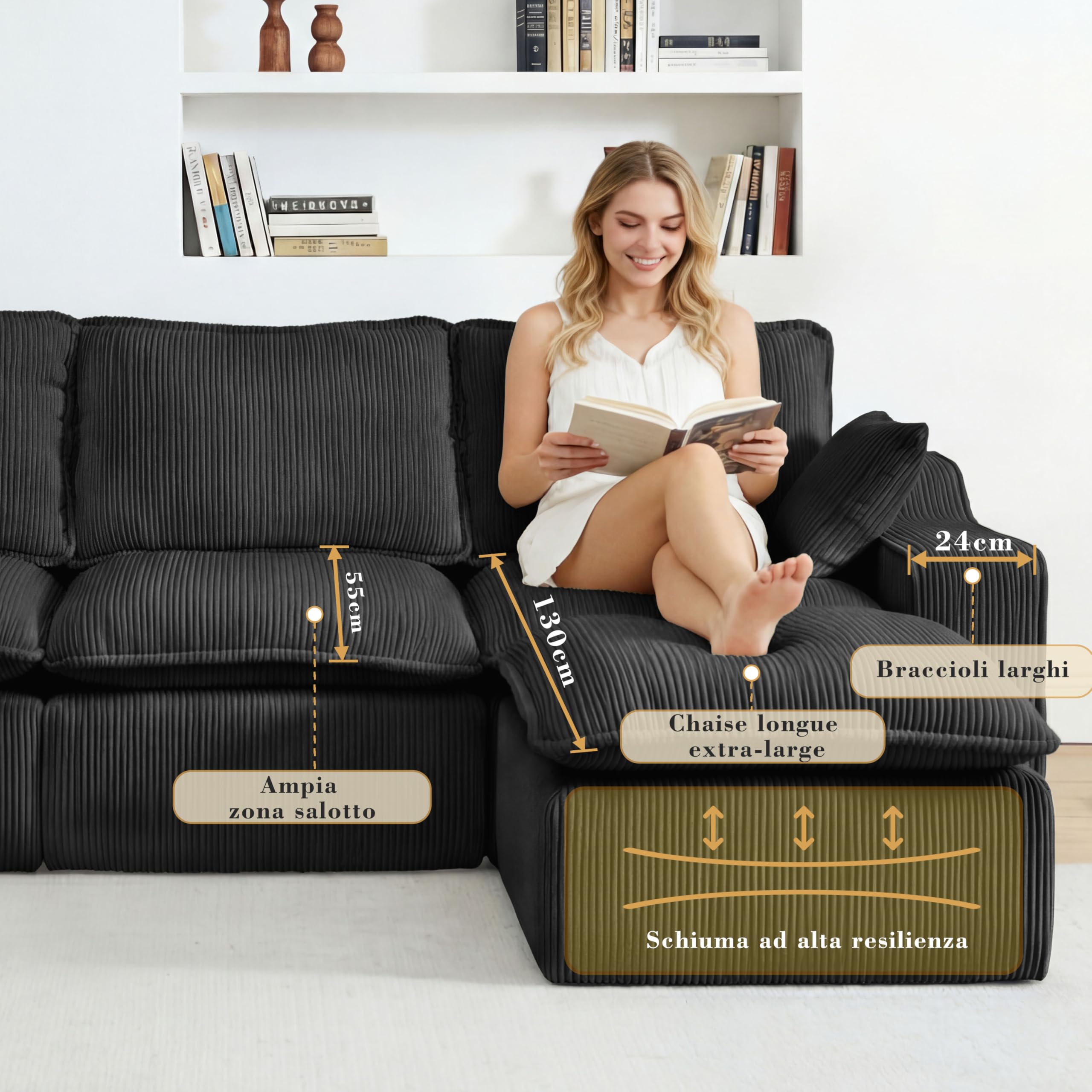 Vipbear Divano 4 Posti con 1 Pouf, Divano Cloud in Tessuto di Velluto a Coste con Seduta Profonda Imbottita, Seduta Extra Profonda e Morbida, Modulare Divano a L per il Soggiorno, Nero