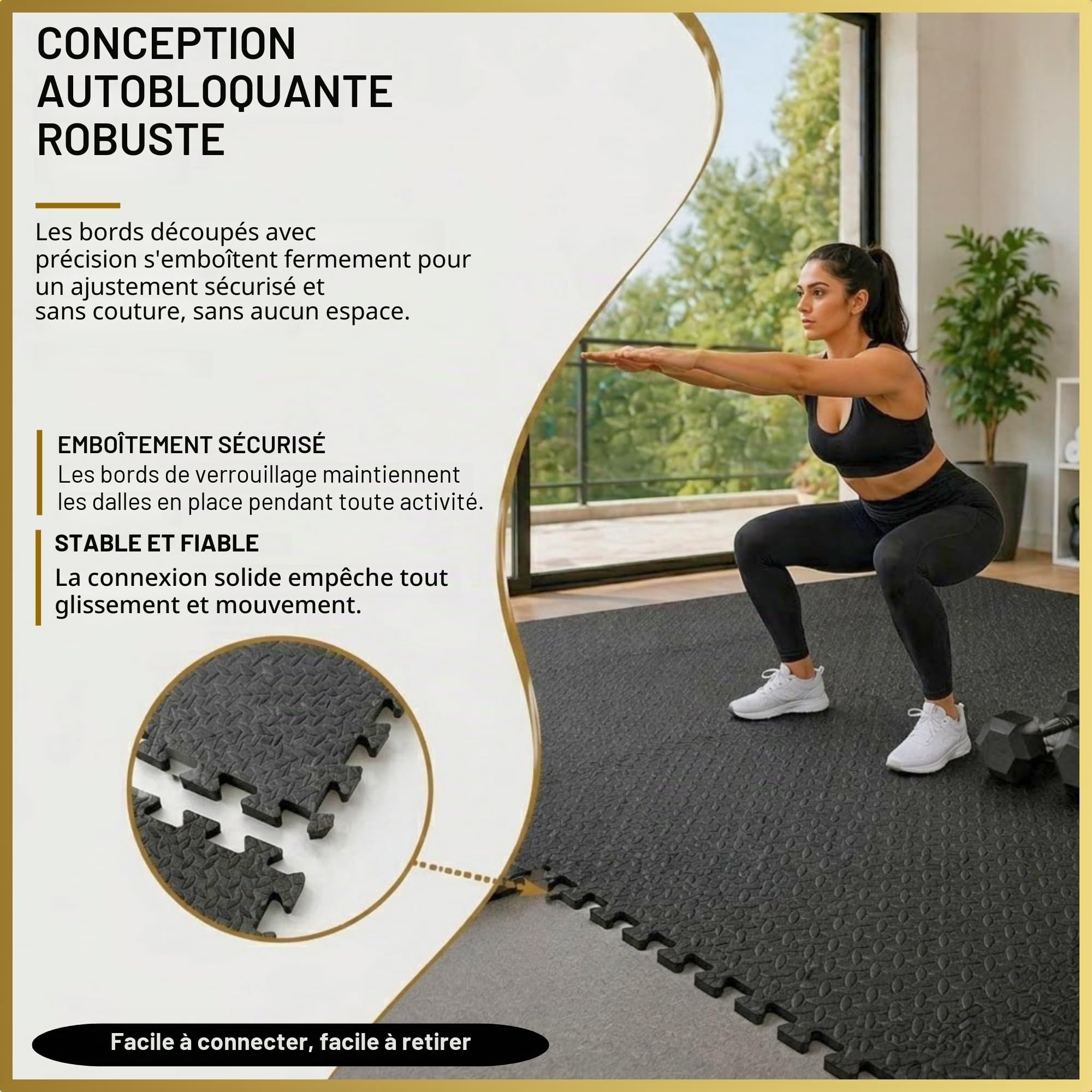Lot de 24 dalles de sol emboîtables en EVA - Coussin en caoutchouc antidérapant pour entraînement à la maison - Tapis de yoga - 60 x 60 cm - Noir