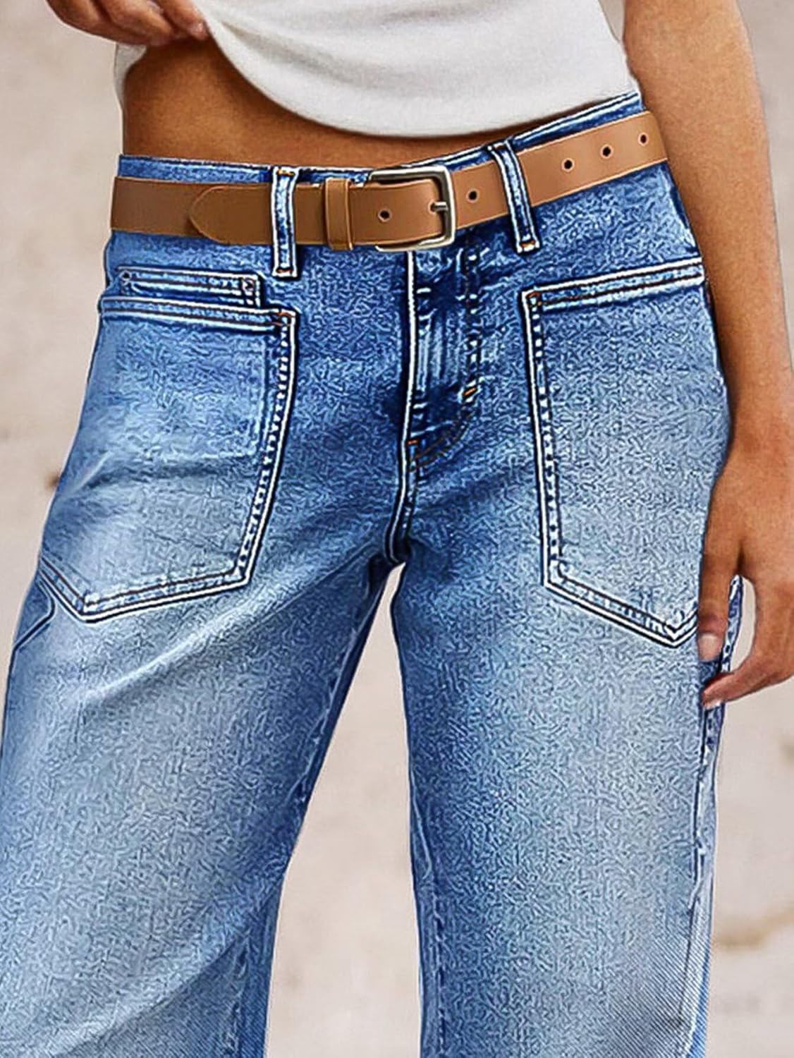Flamingals Straight Leg Jeans for Women Trendy Mid Rise Stretchy Patch Pocket Baggy Jeans Casual Without Belt