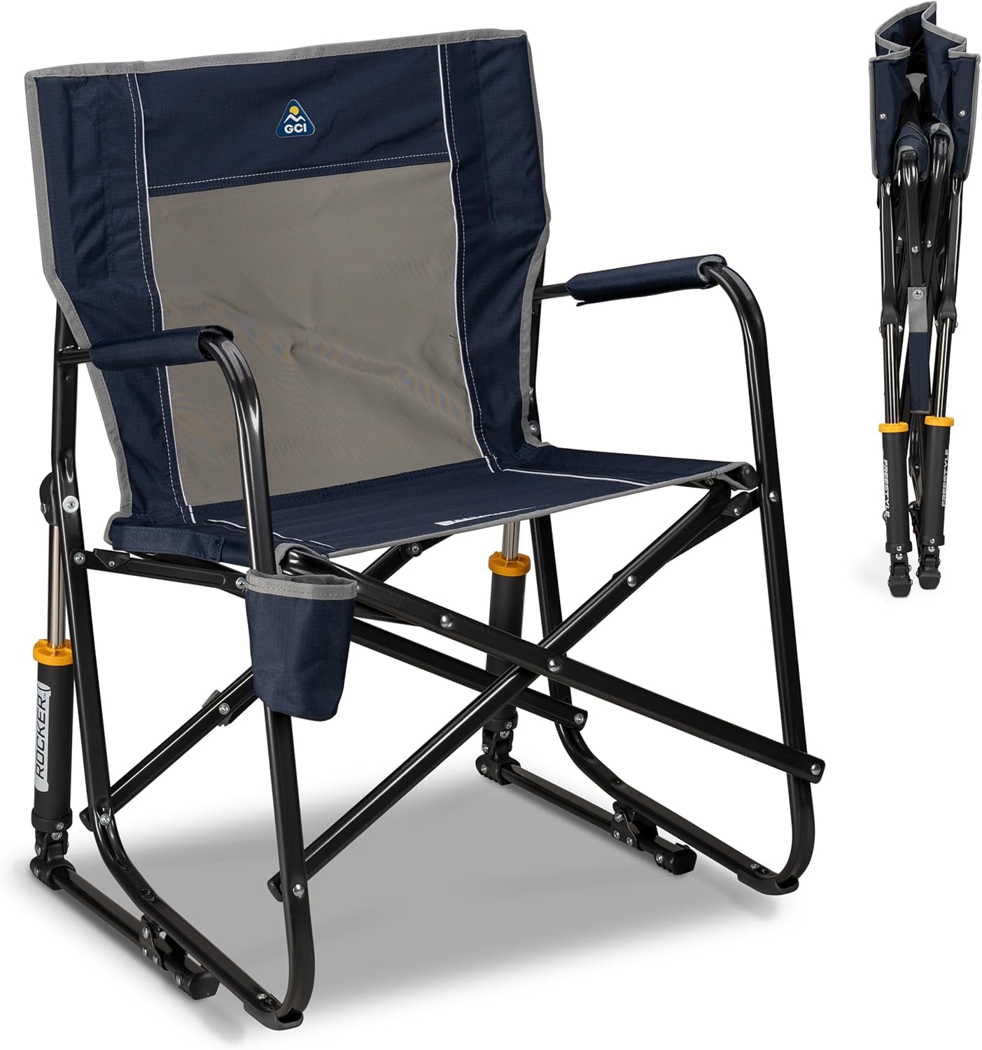 GCI Outdoor Freestyle Rocker Camping Chair | Portable Folding Rocking Chair with Solid, Durable Armrests, Drink Holder & Comfortable Backrest — Indigo Blue GCI Outdoor Freestyle Rocker Camping Chair | Portable Folding Rocking Chair with Solid, Durable Armrests, Drink Holder & Comfortable Backrest — Indigo Blue