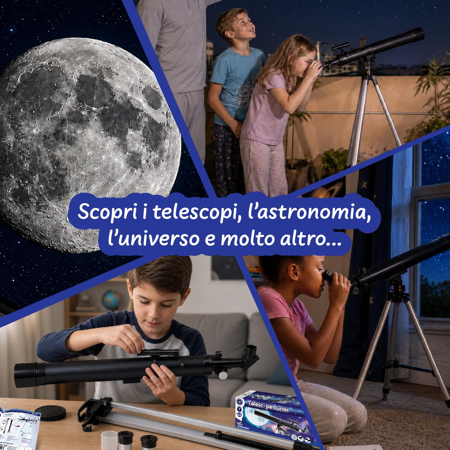 Telescopio Lunare con Treppiede, Lunghezza Focale 600 mm, Ingrandimento 50x e 100x, Telescopio per Principianti, Gioco Educativo STEM, Regalo per Bambini