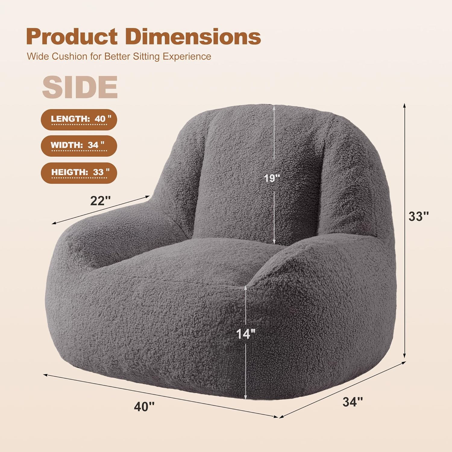 Homguava Bean Bag Chairs for Adults,Giant Beanbag Couch Adult Bean Bag Chair with Filler Included,Modern Lazy Sofa Comfy Chair for Living Room(Dark Grey)