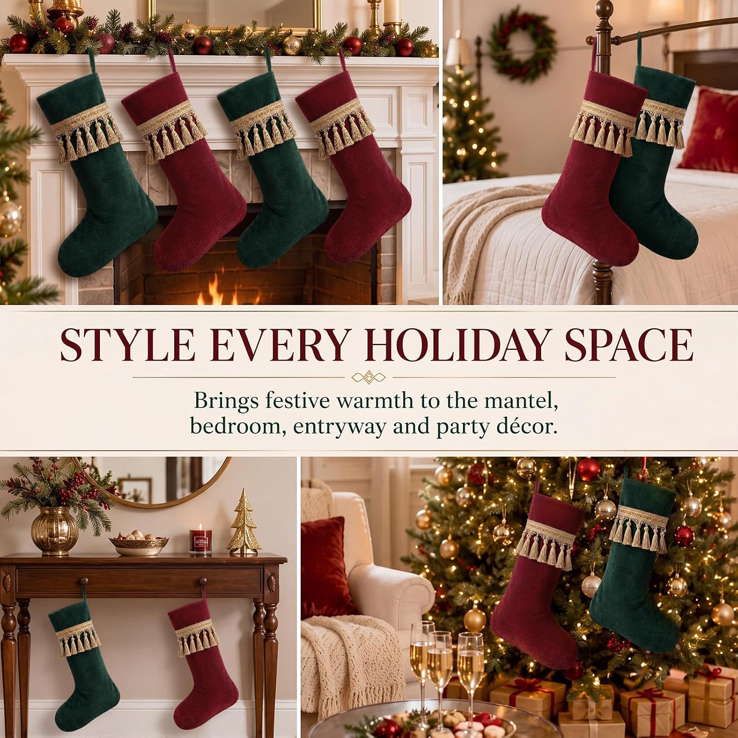 4 Pcs Large Velvet Luxury Christmas Stockings, Retro, Red Green