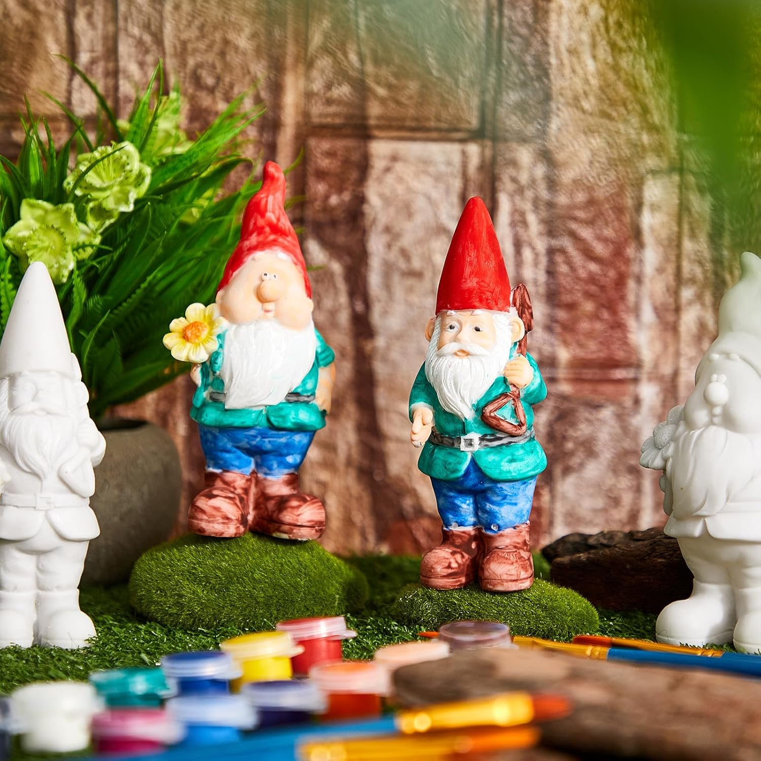 Barydat 6 Pcs Paint Your Own Garden Gnomes Unpainted Kit to Paint Statue Spring DIY Craftworks with Acrylic Strips and Brush for Christmas(Dwarf)
