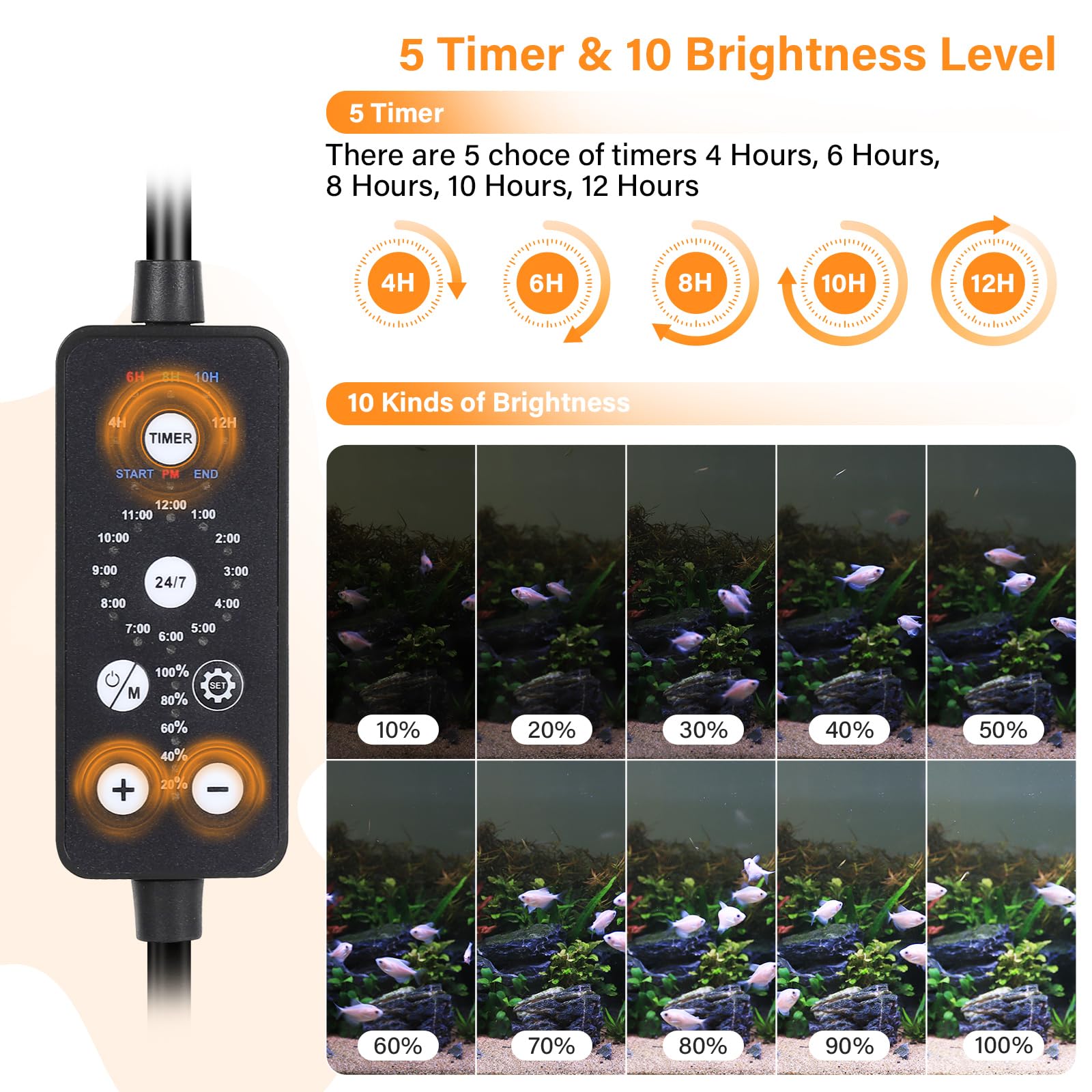 hygger Submersible LED Aquarium Light, 11W 12 in 24/7 Mode Fish Tank Light with 5 Rows Beads, with Timer 9 Colors and Adjustable Brightness, IP68 Waterproof Full Spectrum Light for 13-23 inch Tank