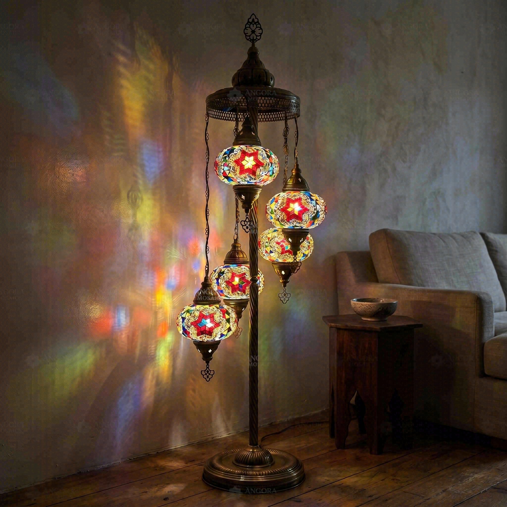 ENVA Multicolor Mosaic Floor Lamp - Turkish Mosaic Lamp - 5 Globe Bohemian Standing Light - Moroccan Vintage Style Colorful Decor