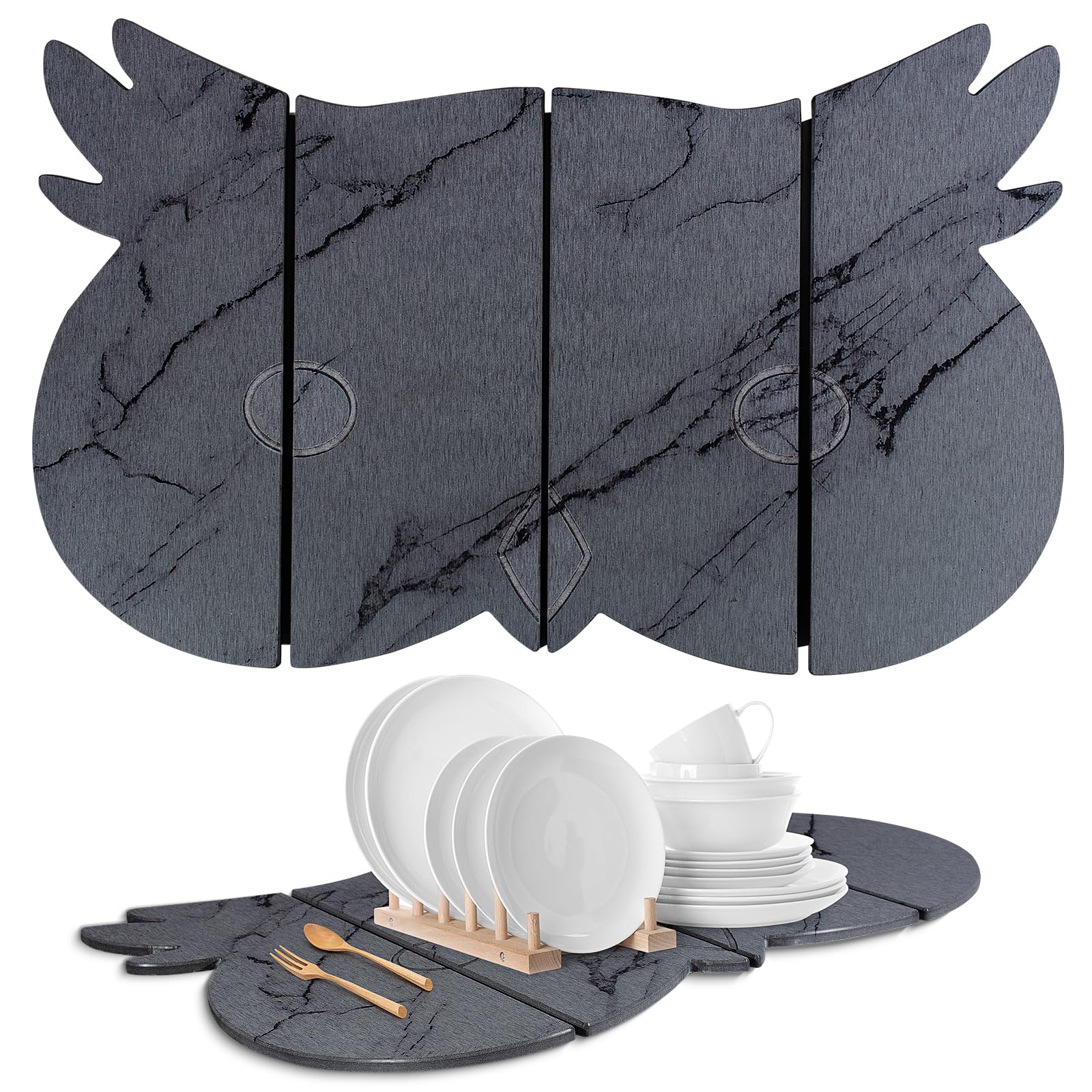 Große Abtropfmatte aus Stein für Küchentheke, 61 cm (L) × 40,6 cm (B), schnell trocknend, saugfähig, Kieselgur-Abtropfmatten, Eulen-Design, Trockenpads für Tassen, Geschirr, Flaschen (dunkelgrau)