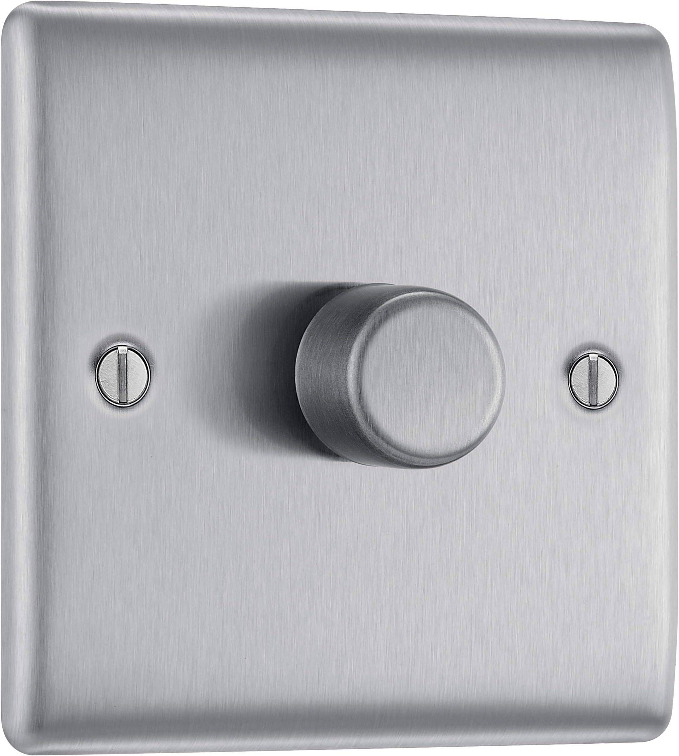 BG Electrical Single Dimmer Intelligent Light Switch, Brushed Steel, 2-Way 400 W NBS81P-01