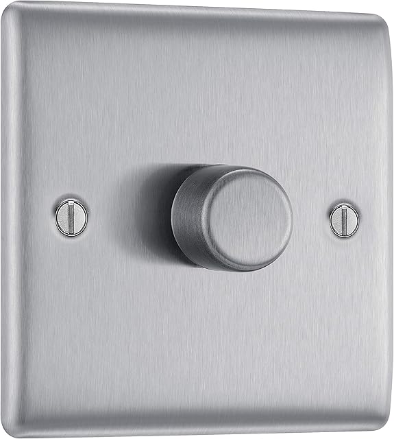 BG Electrical Single Dimmer Intelligent Light Switch, Brushed Steel, 2-Way