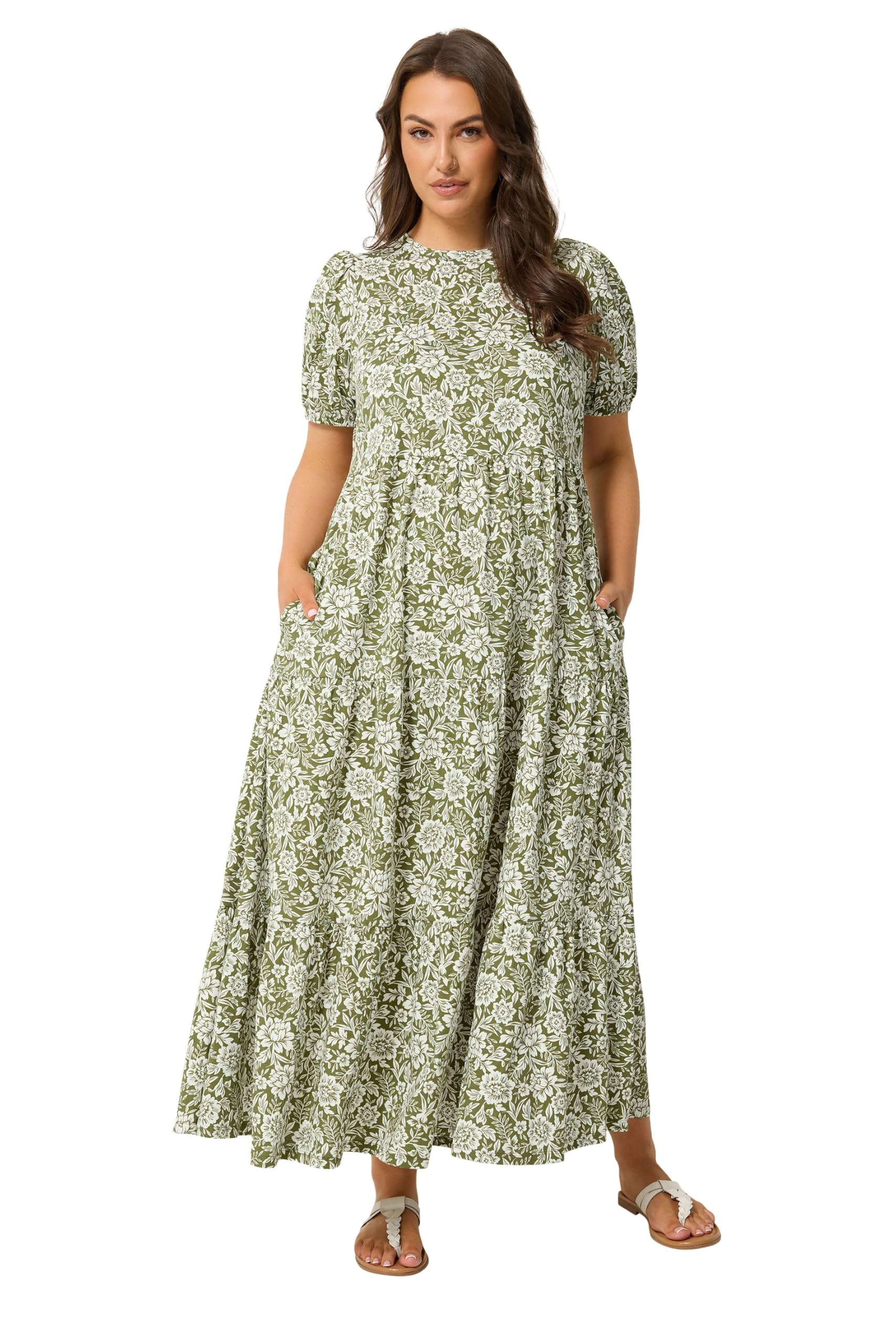 Yours Curve Floral Tiered Maxi Dress - Women's - Plus Size Curve Green