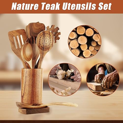 Miniatura 3 de FJNATINH Cucharas de madera para cocinar, juego de utensilios de cocina de madera de teca de 10 piezas con soporte