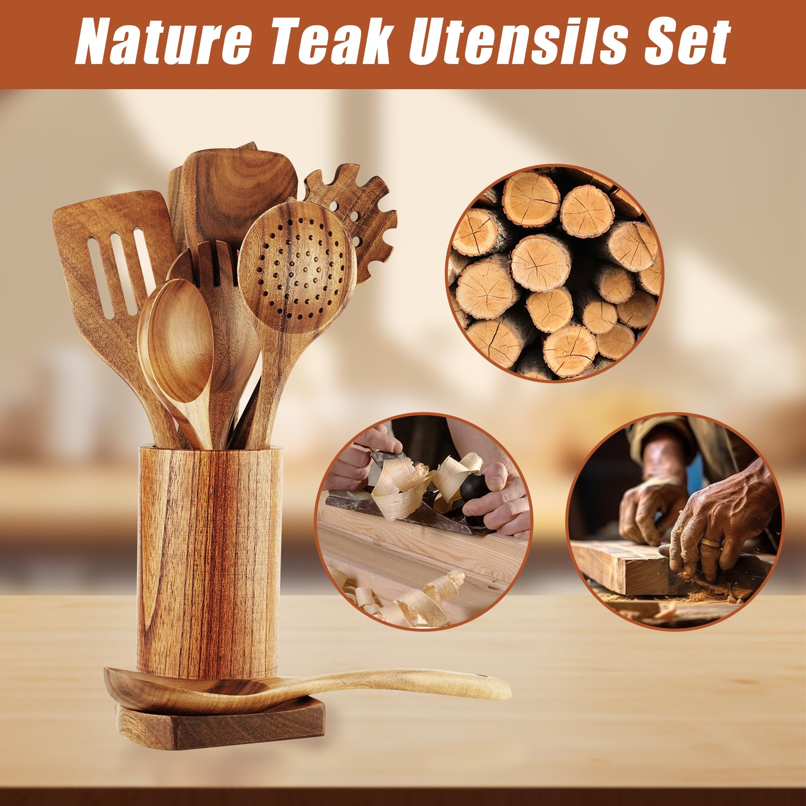 FJNATINH Holzlöffel zum Kochen, 10-teiliges Teakholz-Kochutensilien-Set mit Halter, Küchenutensilien-Set aus Holz für antihaftbeschichtete Pfannen und Kochgeschirr