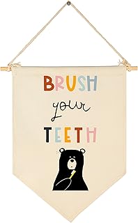 Brush Your Teeth - Bathroom Wall Decor for Kids- Bear Theme Decor- Children Learning Sign- Flag Decor Gift For Kids Boys Girls - Banner Wall Sign Gifts for Bathroom