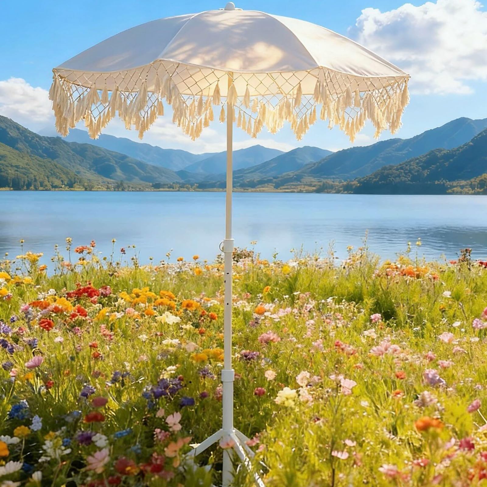 160cm|200cm Ombrellone da Esterno Beige in Macramé con Nappe, Design Triangolare Intrecciato con Frange, Ombrellone Inclinabile per Giardino, Spiaggia E Terrazza(200cm)