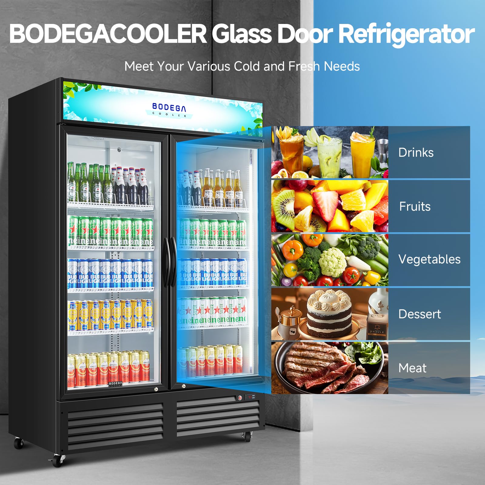 COOLER - Refrigerador comercial comercial, refrigerador comercial de bebidas de 2 puertas de vidrio, enfriador de exhibición de bebidas de 40 pies cúbicos con luz LED suave, estantes ajustables 3