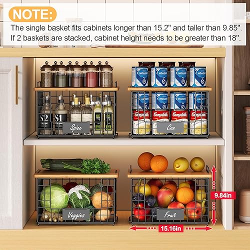 Miniatura 4 de Paquete de 2 cestas apilables de alambre con parte superior de bambú para organizadores y almacenamiento de despensa, cesta XXL para almacenamiento