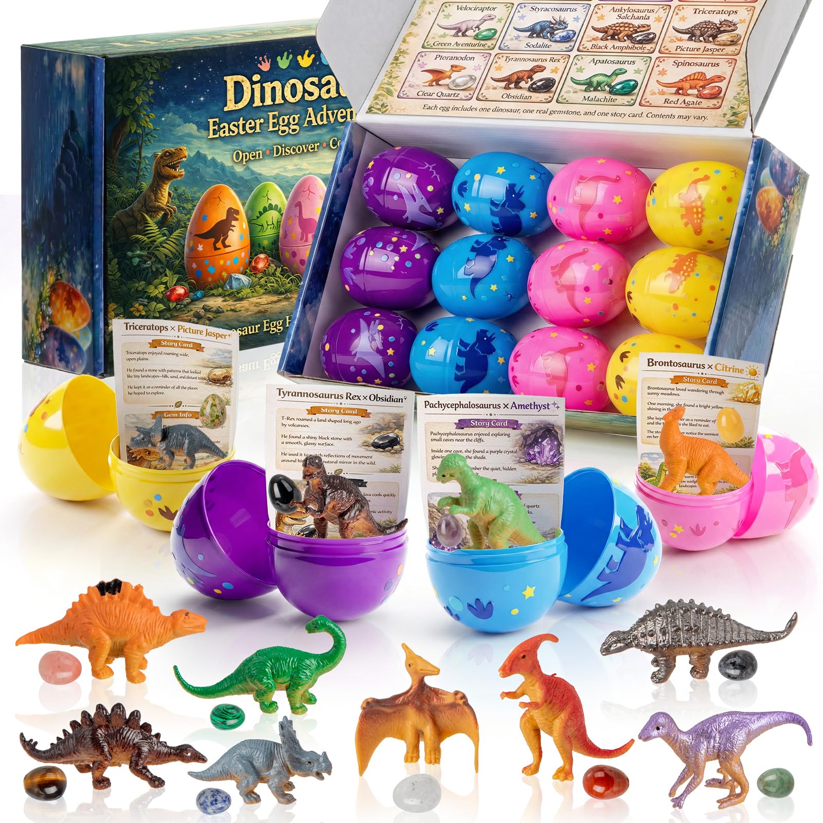 Photo 1 of AONTESS Easter Egg Fillers & Basket Stuffers - Prefilled Easter Eggs, 12 Pcs Dinosaur Toys & Real Gemstones, Scientific Gifts with Story Cards for Kids, Easter Toys Party Favor foe Egg Hunt