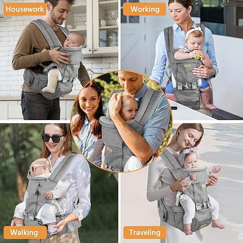 Miniatura 6 de Portabebés para recién nacidos a niños pequeños con asiento de cadera, suave 6 en 1 ergonómico para todas las posiciones, portabebés de 7-33 libras