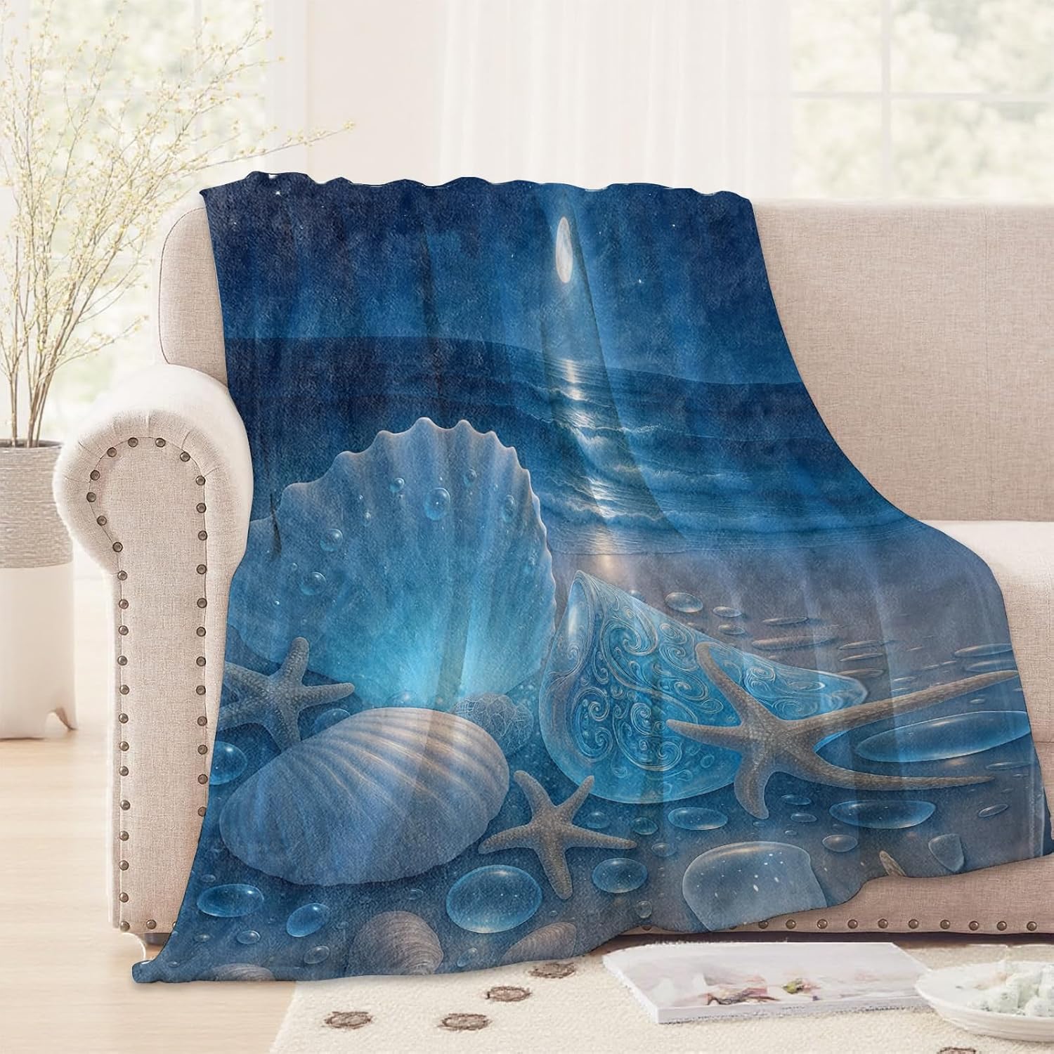 Moonlit Beach Blanket,60x80in,Cozy Flannel Throw with Dreamy Seashell Starfish Ocean Wave Moon Night Sky Design,Soft Lightweight Gifts Blankets for Women,Sofa Bed Travel Nautical Coastal Decor