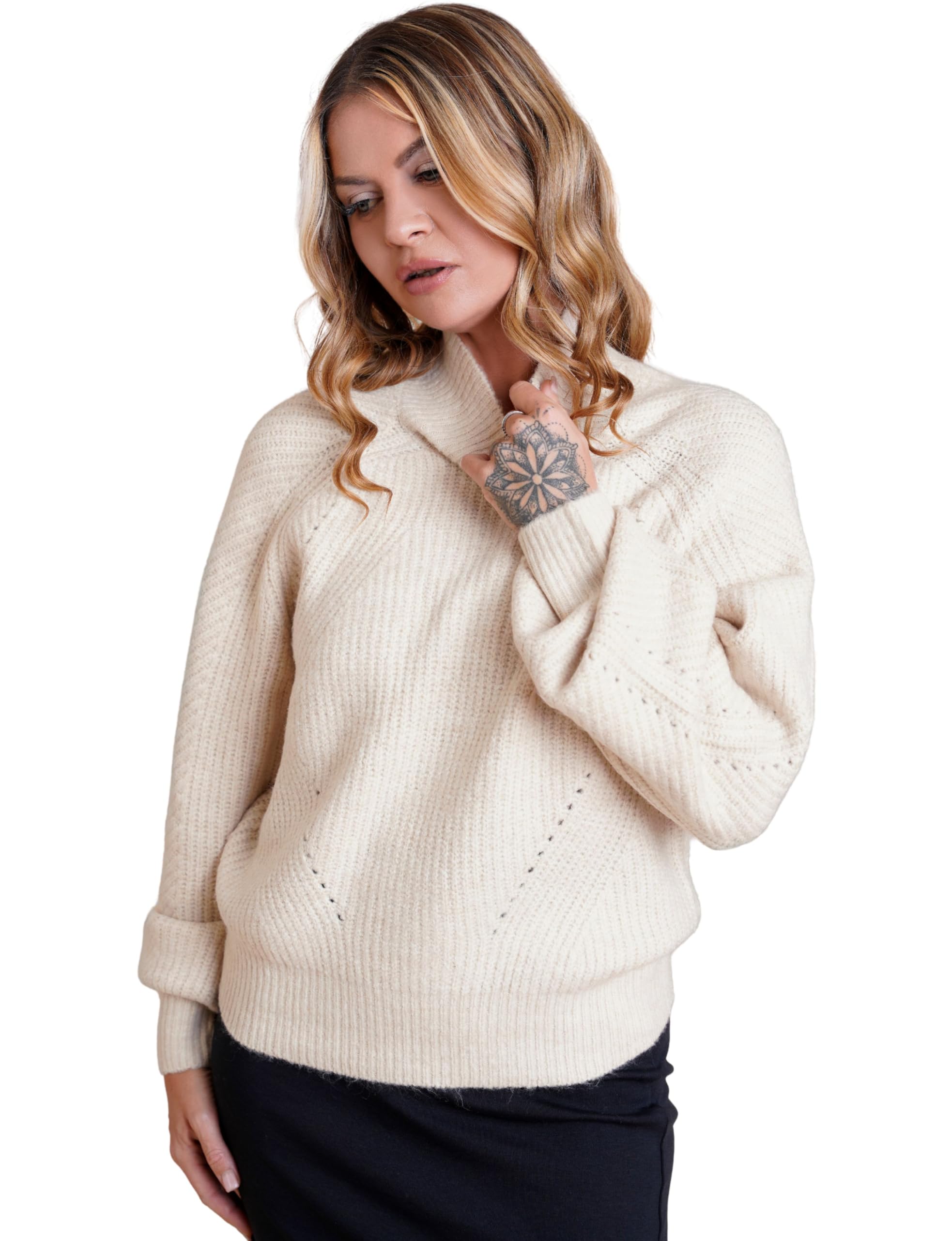 Enorsia Women's Funnel Neck Jumper Soft Knit Sweater with Raglan Sleeves Relaxed Fit Winter Jumper Cozy Ribbed Cuffs & Hem Women’s Sweater for Cold Days, (M, Cream)