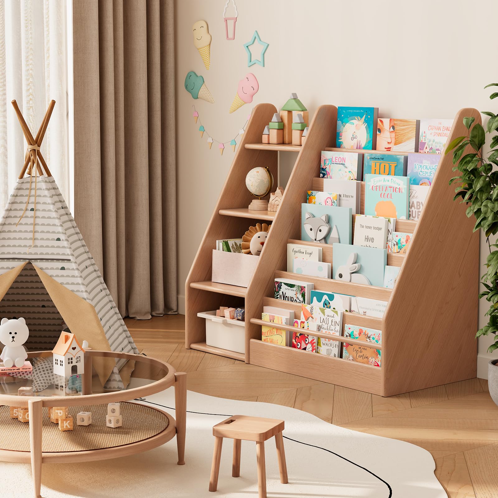 YQJJGL Librería infantil de madera maciza, 7 niveles, madera natural