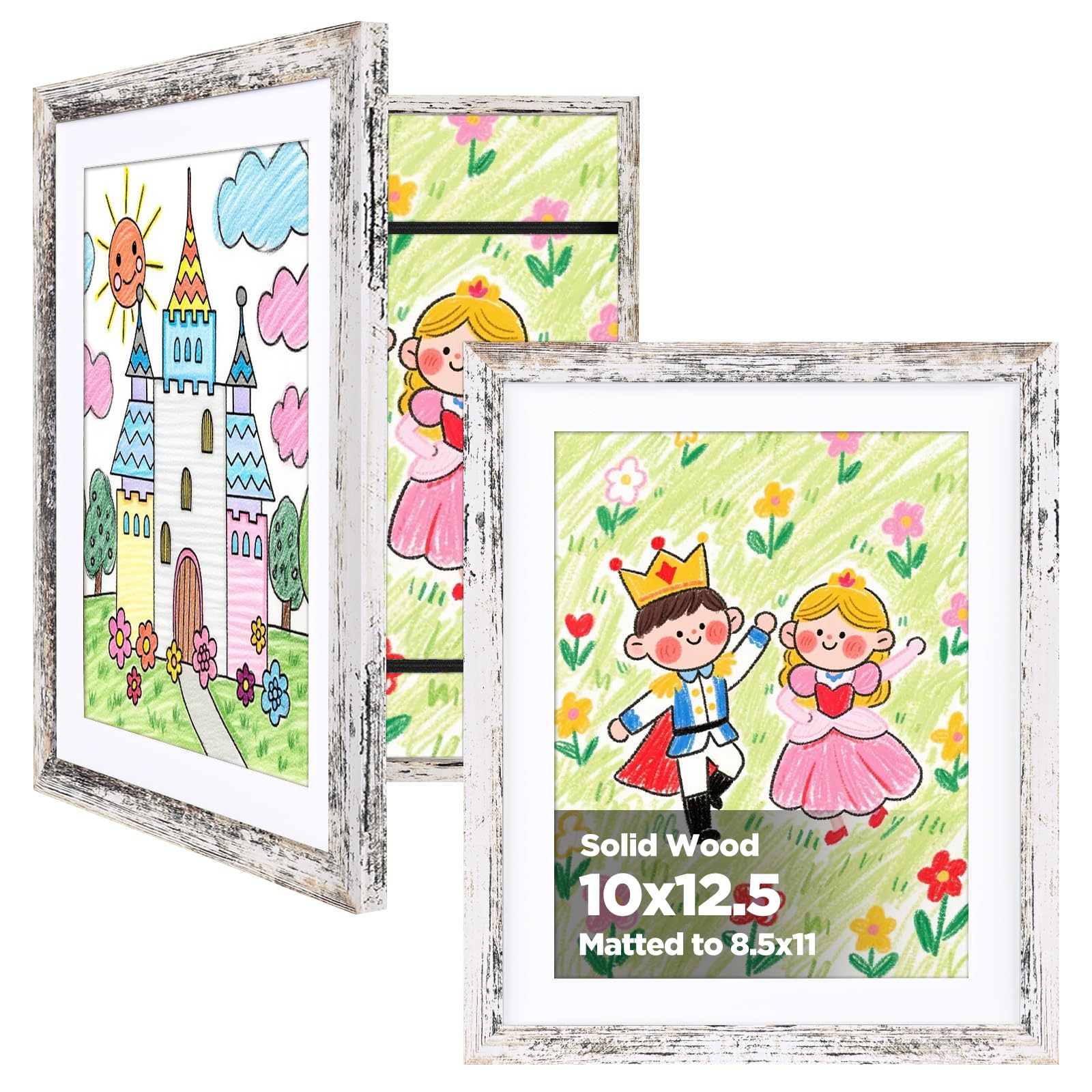 KINLINK 10x12.5 Kids Art Frame 2 Pack, Solid Wood Artwork Frames Changeable, Front Opening Hold 150 Pictures, Art Frames for Kids Artwork, 8.5x11 with Mat 10x12.5 without Mat, Picture Frames Rustic White