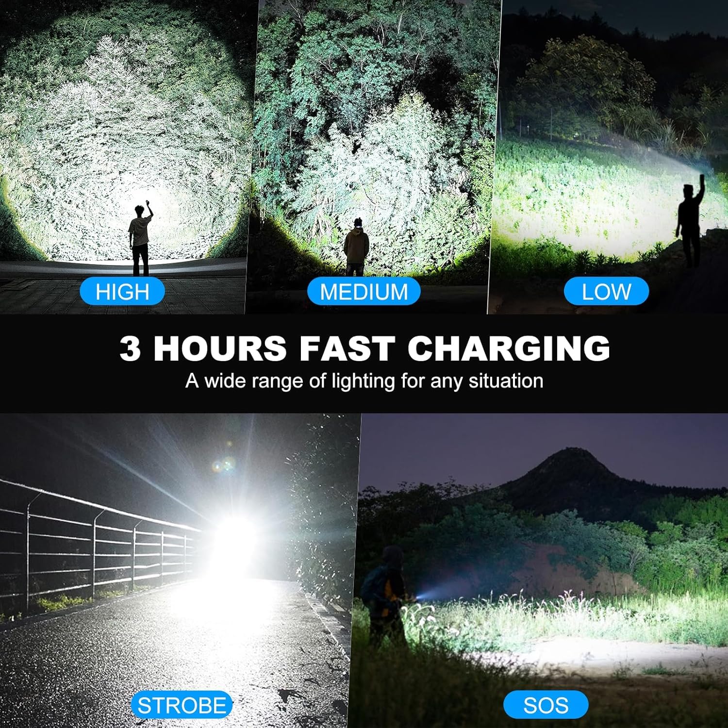 Kmivo Torcia a LED ricaricabile ad alta luminosità, 990.000 lm, con 5 modalità, impermeabile, portatile, per casa, campeggio (confezione da 3)