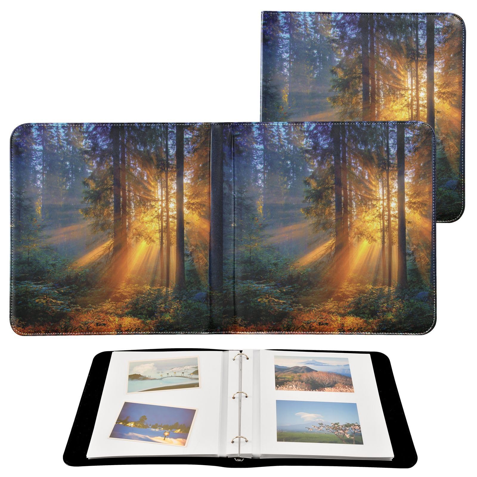 ALAZA Album fotografico autoadesivo con alba e foresta in pelle PU, 3 raccoglitori ad anelli, per matrimonio, famiglia, viaggi, ricordi