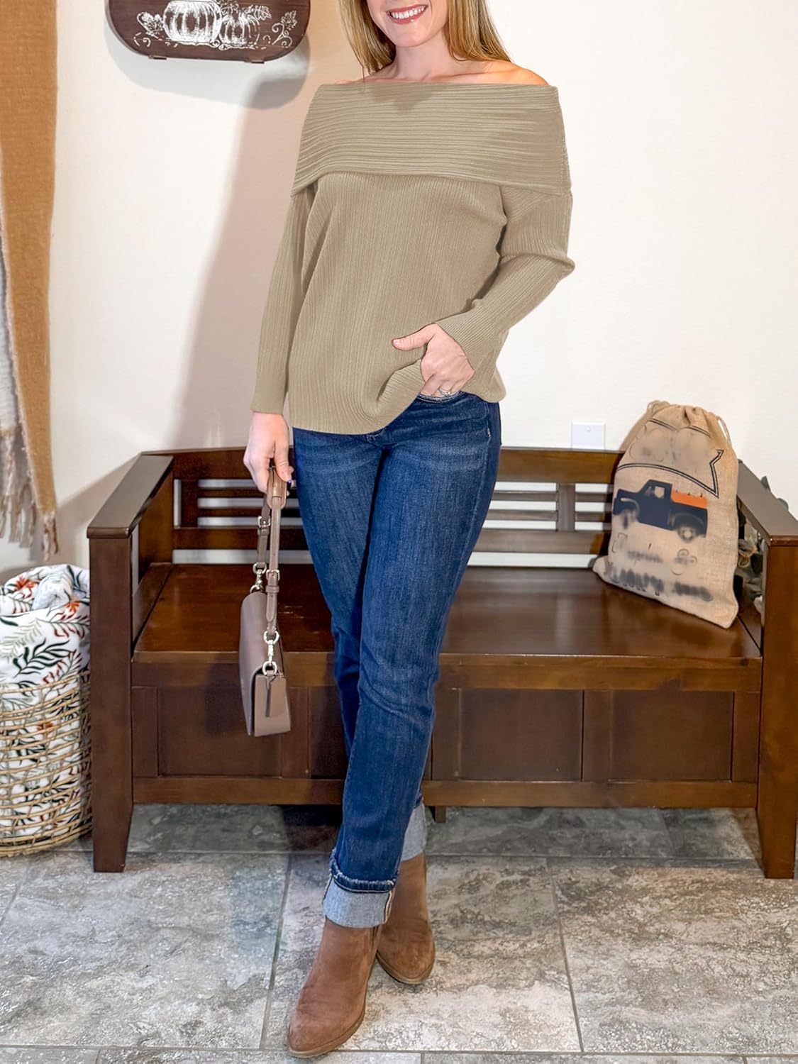 Womens Off The Shoulder Sweater Top Long Sleeve Fall Batwing Boat Neck Knit Sexy Casual Pullover - Image 3