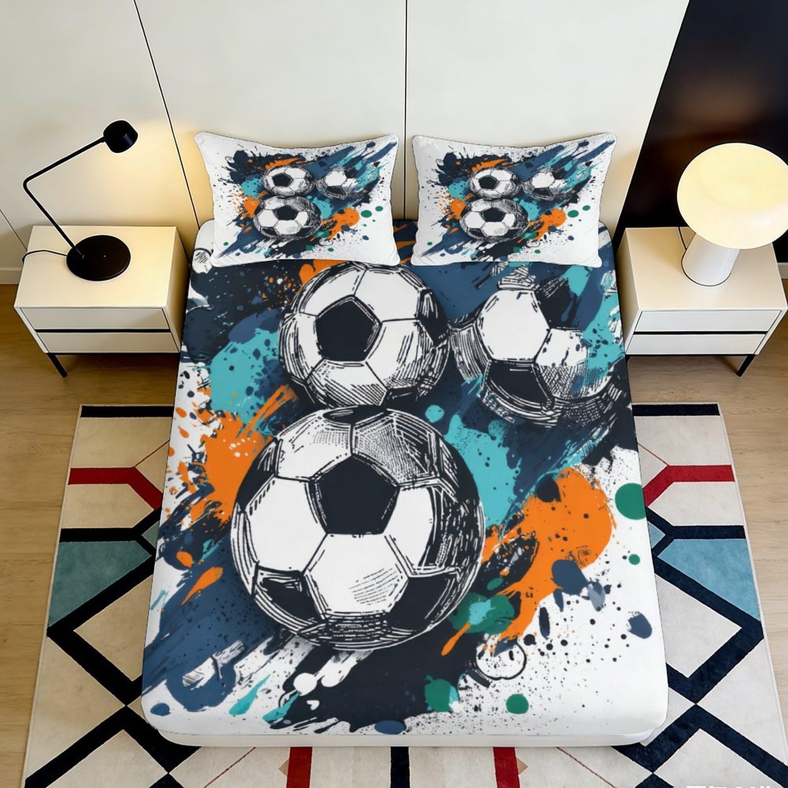 3D Printed Soccer Graffiti Fitted Sheet Microfiber Soft Breathable Football Splash Mattress Cover for Bedroom Dorm Mattress Decor 120x200x25cm