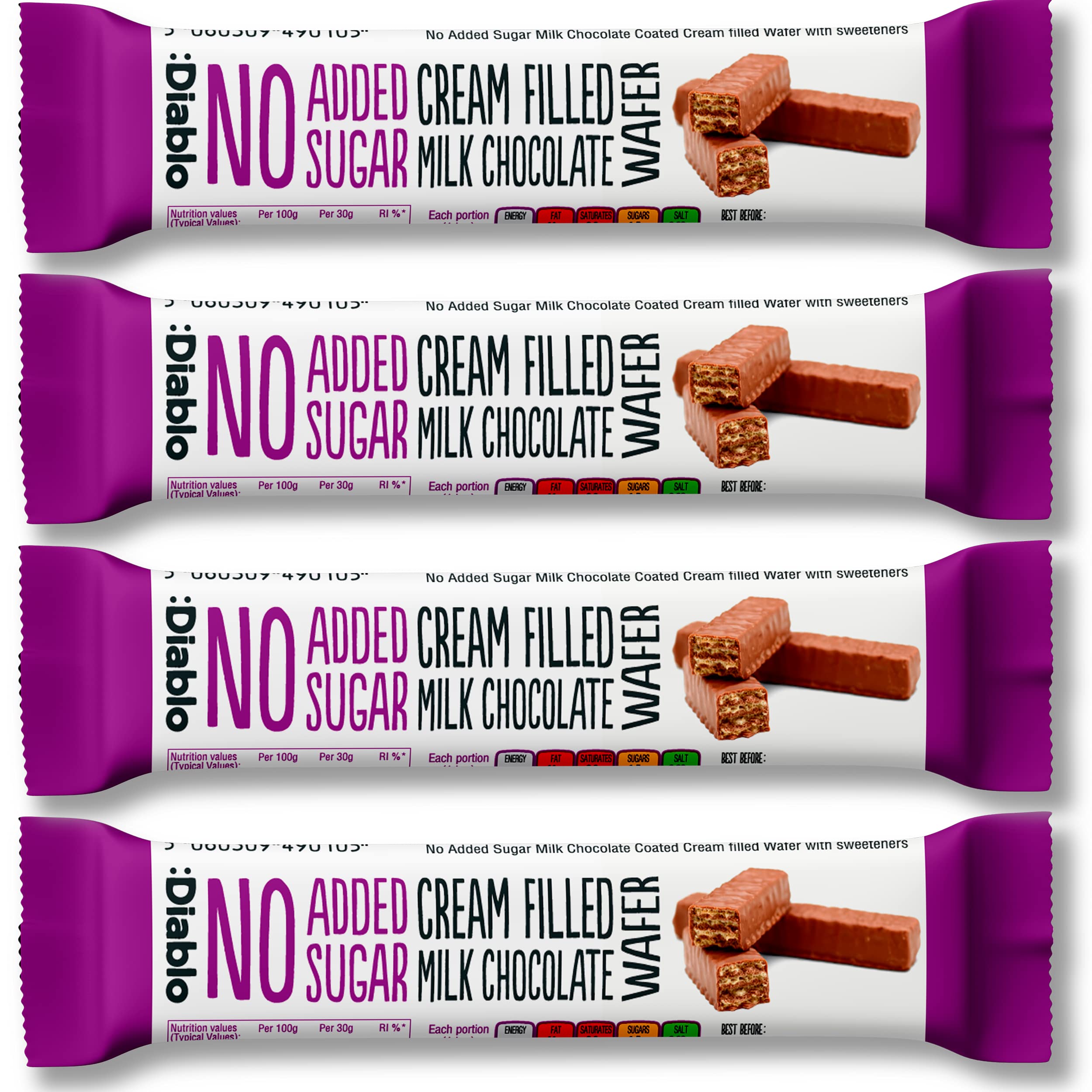 Diablo Cream Filled Milk Chocolate Wafers - No added Sugar, Maltitol Sweetened Treat, Individually Wrapped Biscuits Hamper Basket Ready Snack Pack, Perfect for Gifting - 30g, Pack of 4