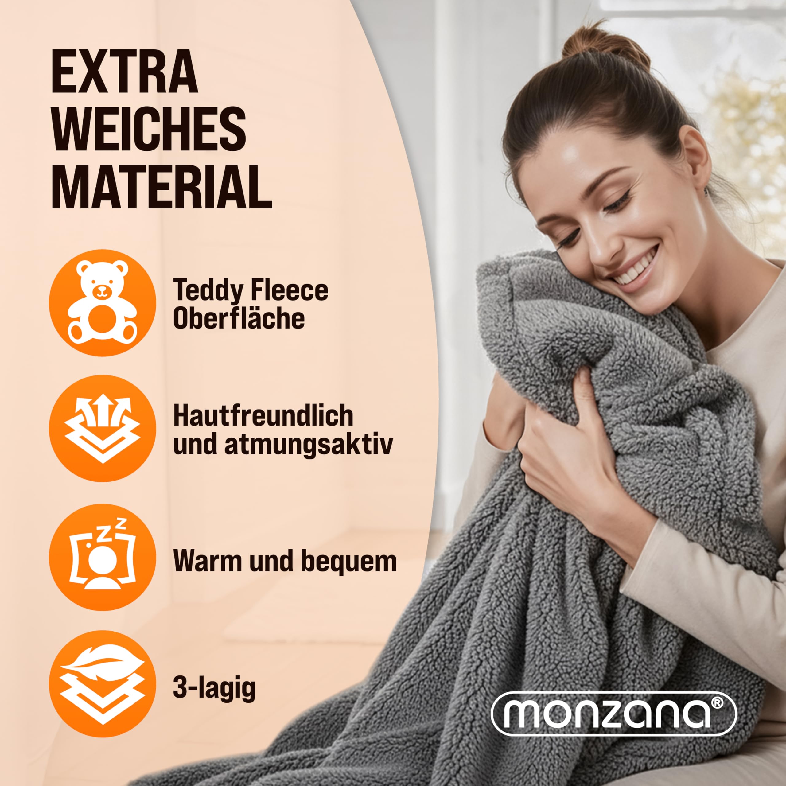 Monzana® Elektrische Heizdecke 180x130cm 120W 10 Heizstufen 10h Timer Abschaltautomatik Überhitzungsschutz waschbar Teddy Fleece Wärmedecke für Bett