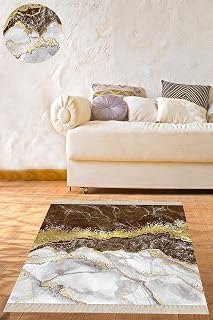 On The Clouds Mermer Desenli Gold Şeritli Dijital Baskı Yıkanabilir Kaymaz Taban Modern Salon Halısı BFOMRM2, 80 x 200