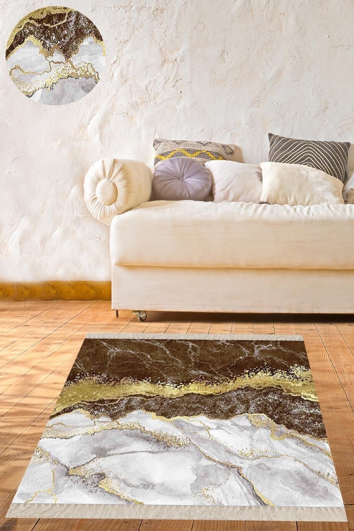 On The Clouds Mermer Desenli Gold Şeritli Dijital Baskı Yıkanabilir Kaymaz Taban Modern Salon Halısı BFOMRM2, 80 x 200